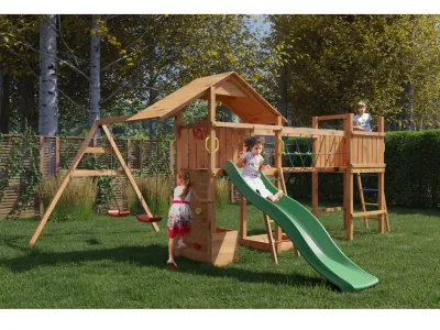 Spielturm Smart 4 Bridge teakfarben inkl. Rutsche grün Produktbild #1