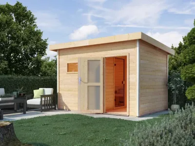 Saunahaus Skrollan 2 mit Milchglastür & Vorraum, inkl. 9 kW Saunaofen mit externer Steuerung Produktbild #1