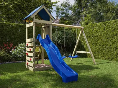 Spielturm Easy KDI inkl. Doppelschaukel inkl. Rutsche blau + Sitze blau Produktbild #1