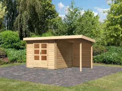 Gartenhaus Blockbohlenhaus SET Bastrup 5 28 mm naturbelassen, inkl. 2 m Anbaudach + Rückwand Produktbild #1