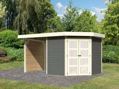 Gartenhaus SET Goldendorf 5 ECO 19 mm terragrau, inkl. 2,4 m Anbaudach + Seiten- und Rückwand Produktbild #1