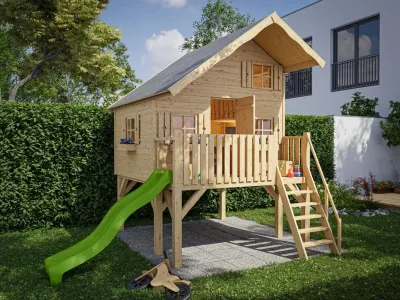 Stelzenhaus Tom XL 15 mm naturbelassen inkl. Veranda, Stelzen und Rutsche grün Produktbild #1