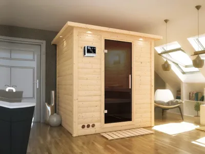 Massivholzsauna Mojave mit Dachkranz, graphit Ganzglastür, inkl. 9 kW Bio-Ofen ext. Steuerung Produktbild #1