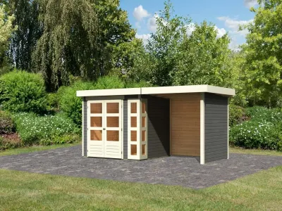 Gartenhaus SET Kerko 3 19 mm terragrau, inkl. 2,4 m Anbaudach + Seiten- und Rückwand Produktbild #1