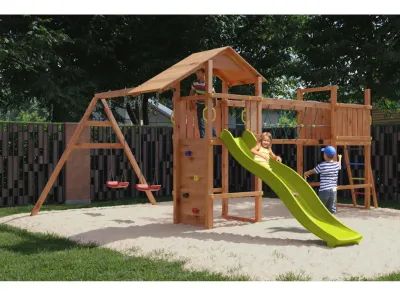 Spielturm Smart 5 Bridge teakfarben inkl. Rutsche gelb Produktbild #1