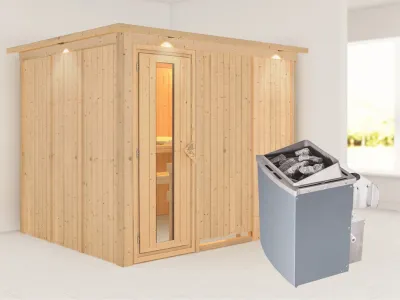 Systemsauna Gobin mit Dachkranz, Holztür mit Isolierglas, inkl. 9 kW Saunaofen integr. Steuerung Produktbild #1
