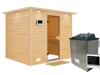 Massivholzsauna Sonara mit Dachkranz, bronzierte Ganzglastür Produktbild #2