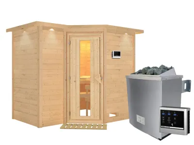 Massivholzsauna Sahib 2 mit Dachkranz, Holztür mit Isolierglas, inkl. 9 kW Ofen ext. Steuerung Produktbild #8