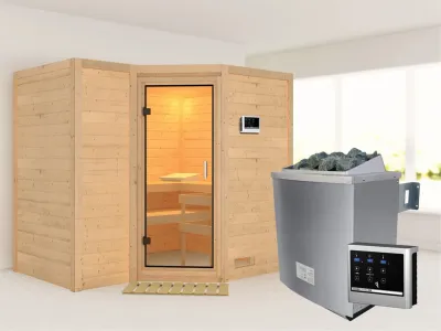 Sauna Massivholzsauna Sahib 2 Klarglas Ganzglastür + 9 kW Saunaofen mit ext.Strg Produktbild #1