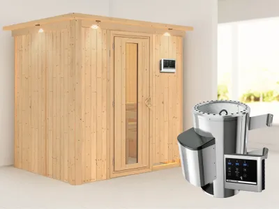 Sauna Systemsauna Fanja mit Dachkranz, Energiespartür + Plug & Play Saunaofen mit ext. Steuerung Produktbild #1