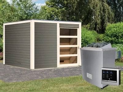 Saunahaus Cuben 38 mm terragrau inkl. 9 kW Saunaofen ext. Steuerung Produktbild #1