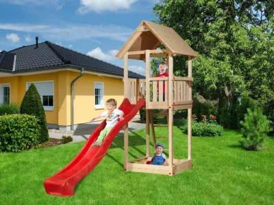 Spielturm Tabaluga Drachenturm Satteldach naturbelassen inkl. Rutsche rot Produktbild #1