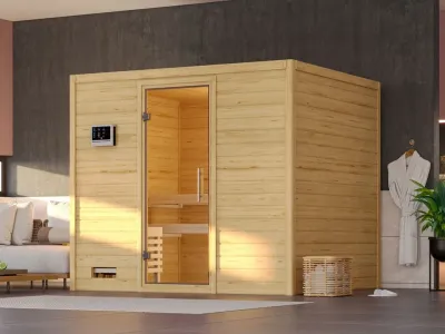 Massivholzsauna Sonara Klarglas Ganzglastür Produktbild #1