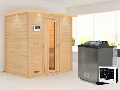 Sauna Massivholzsauna Sonja mit Dachkranz, inkl. 9 kW Bio-Ofen mit externer Steuerung Produktbild #1