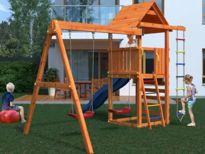 Spielturm Bento B teakfarben inkl. Rutsche blau Produktbild #3