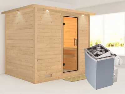 Sauna Massivholzsauna Sonara mit Dachkranz, Klarglas Ganzglastür + 9 kW Saunaofen mit Steuerung Produktbild #1