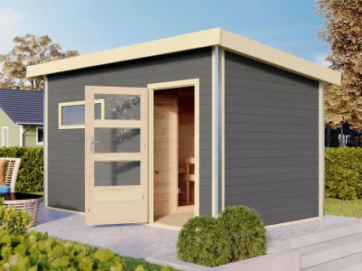 Saunahaus Skrollan 3 mit moderner Tür terragrau + 9 kW Bio-Kombiofen mit ext. Strg. Produktbild #1