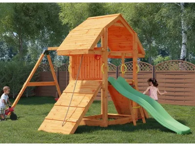 Spielturm Buffalo teakfarben inkl. Doppelschaukel + Rutsche grün Produktbild #1