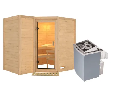 Sauna Massivholzsauna Sahib 2 Klarglas Ganzglastür + 9 kW Saunaofen mit Steuerung Produktbild #3