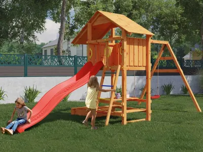 Spielturm Smart 1 teakfarben inkl. Rutsche rot Produktbild #2