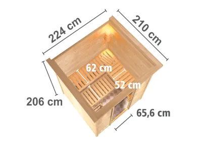 Sauna Massivholzsauna Mojave mit Dachkranz, Klarglas Ganzglastür + 9 kW Saunaofen mit Steuerung Produktbild #3