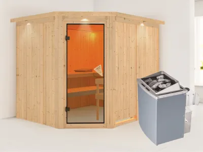 Systemsauna Malin mit Dachkranz, bronzierte Ganzglastür, inkl. 9 kW Saunaofen integr. Steuerung Produktbild #1