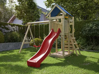 Spielturm Speedy KDI inkl. Doppelschaukel inkl. Rutsche rot + Sitze rot Produktbild #1