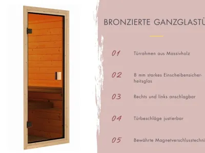 Massivholzsauna Sonara mit Dachkranz, bronzierte Ganzglastür Produktbild #7