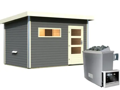 Saunahaus Skrollan 2 Grau mit Klarglastür & Vorraum, inkl. 9 kW Saunaofen mit externer Steuerung Produktbild #2