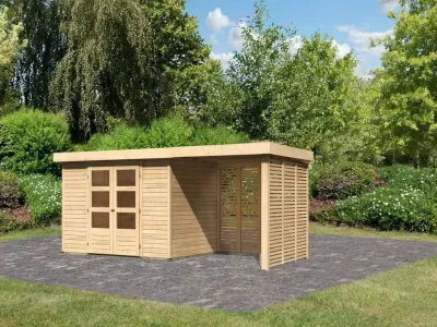 Gartenhaus SET Askola 4 19 mm naturbelassen, inkl. 2,4 m Anbaudach + Lamellenwänden Produktbild #1