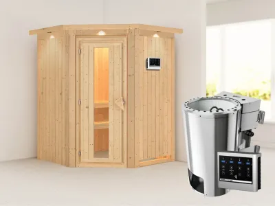 Sauna Systemsauna Nanja mit Dachkranz, Energiespartür, Plug & Play Bio-Ofen mit externer Steuerung Produktbild #1
