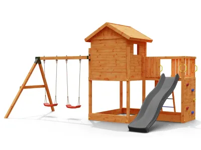 Spielturm Galaxy L inkl. Doppelschaukel teakfarben + Rutsche grau Produktbild #6