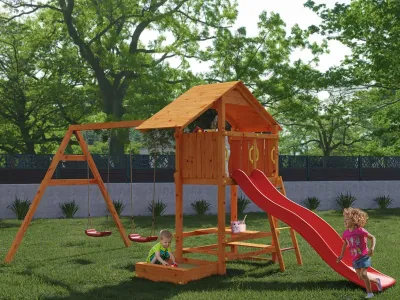 Spielturm Smart 1 teakfarben inkl. Rutsche rot Produktbild #1