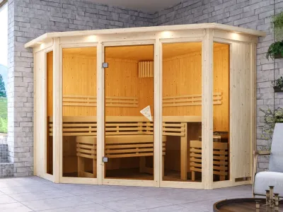 Sauna Alcinda mit bronzierter Glastür und Dachkranz + 9 kW Saunaofen integr. Strg. Produktbild #1
