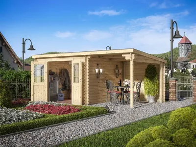 Gartenhaus Blockbohlenhaus CA2976 28 mm naturbelassen mit 2 m Anbau Produktbild #1