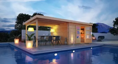 Gartenhaus Blockbohenhaus SET Bastrup 7 28 mm naturbelassen, inkl. 4,0 m Anbaudach Produktbild #1