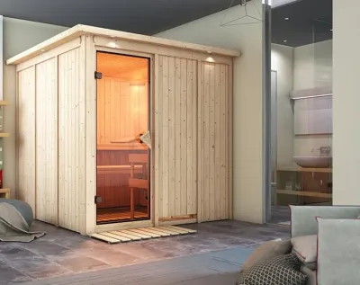 Systemsauna Rodin mit Dachkranz, bronzierte Ganzglastür, inkl. 9 kW Saunaofen integr. Steuerung Produktbild #1