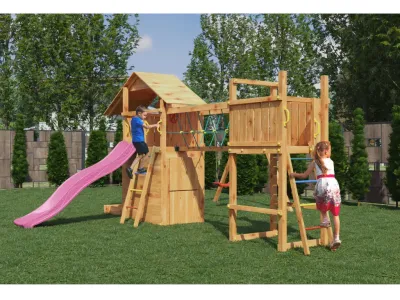 Spielturm Smart 7 Bridge teakfarben inkl. Rutsche pink Produktbild #3