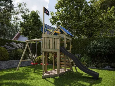 Spielturm Pirat Captain Snappy KDI mit Doppelschaukel inkl. Rutsche grau + Sitze rot Produktbild #1