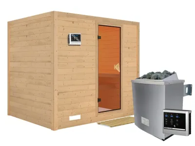 Massivholzsauna Sonara bronzierte Ganzglastür, inkl. 9 kW Ofen ext. Steuerung Produktbild #2