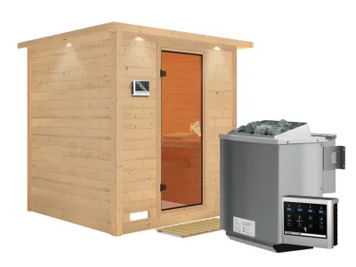 Massivholzsauna Mojave mit Dachkranz, bronzierte Ganzglastür, inkl. 9 kW Bio-Ofen ext. Steuerung Produktbild #8