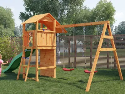 Spielturm Smart 5 teakfarben inkl. Rutsche grün Produktbild #3