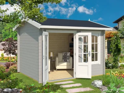 Gartenhaus Blockbohlenhaus Alex 44 mm lichtgrau Produktbild #1