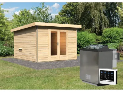 Saunahaus Mainburg 1 naturbelassen 38 mm inkl. Bio-Kombiofen 9 kW + ext. Steuerung Produktbild #1