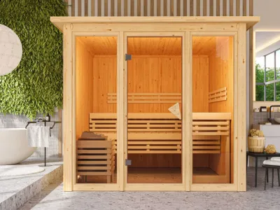 Abb. zeigt Sauna inkl. Dachkranz (nicht enthalten)