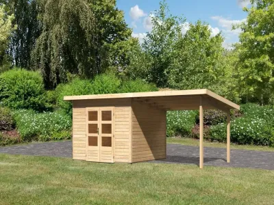 Gartenhaus SET Northeim 3 – mit naturbelassenem Holz, inkl. 3,3 m Anbaudach Produktbild #1