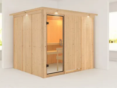 Sauna Systemsauna Gobin mit Dachkranz, Klarglas Ganzglastür Produktbild #1
