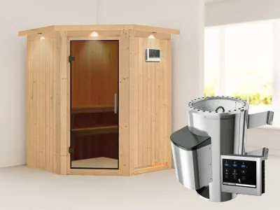 Sauna Systemsauna Nanja mit Dachkranz, graphit Ganzglastür + Plug & Play Saunaofen mit ext. Strg Produktbild #1