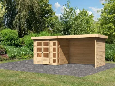 Gartenhaus SET Kerko 3 19 mm naturbelassen, inkl. 2,8 m Anbaudach + Seiten- und Rückwand Produktbild #1