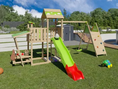 Spielturm Minou XL inkl. Doppelschaukel, Picknick-Tisch + Rutsche grün/rot Produktbild #1